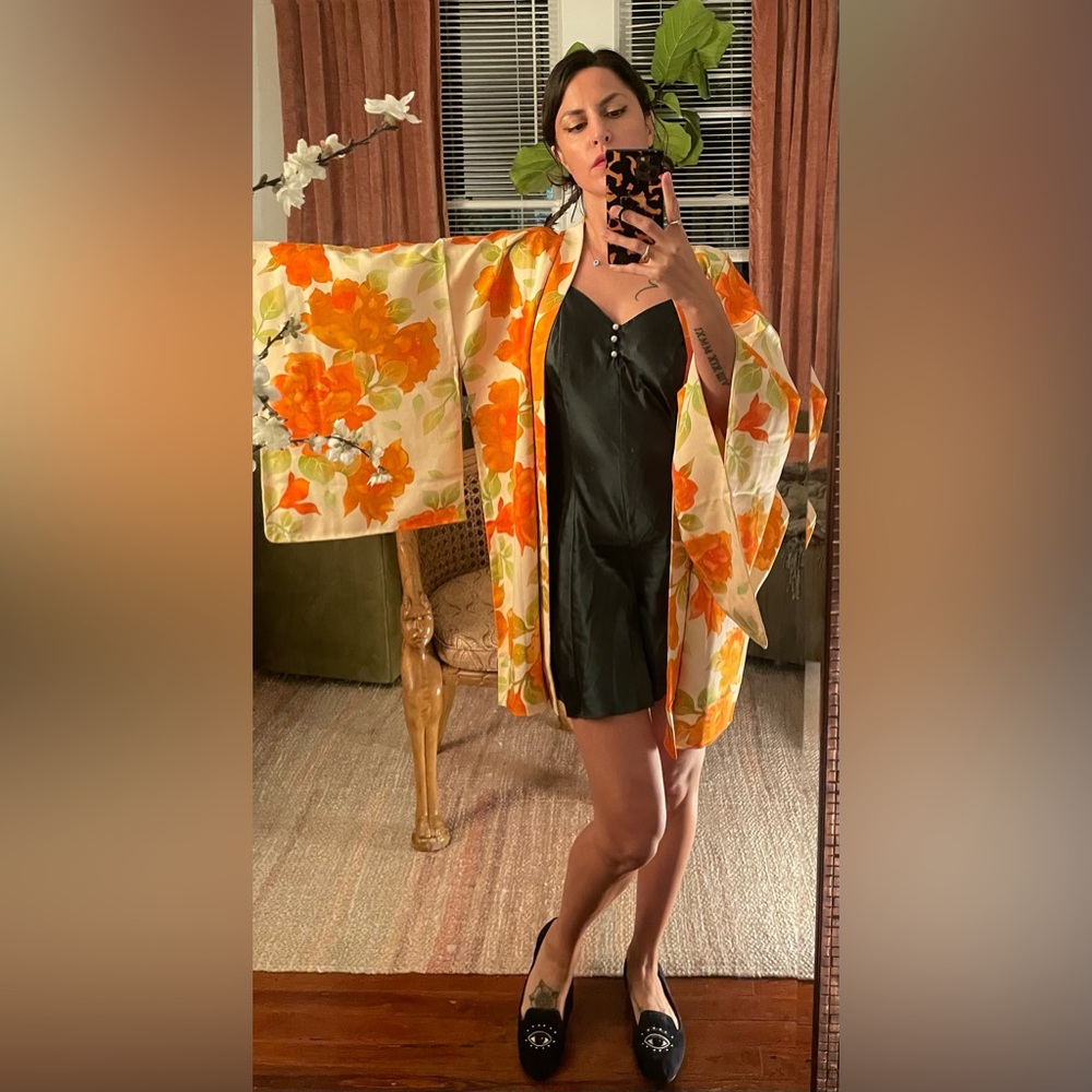 Antique silk kimono Haori over jacket coat orange persimmon florals flowers